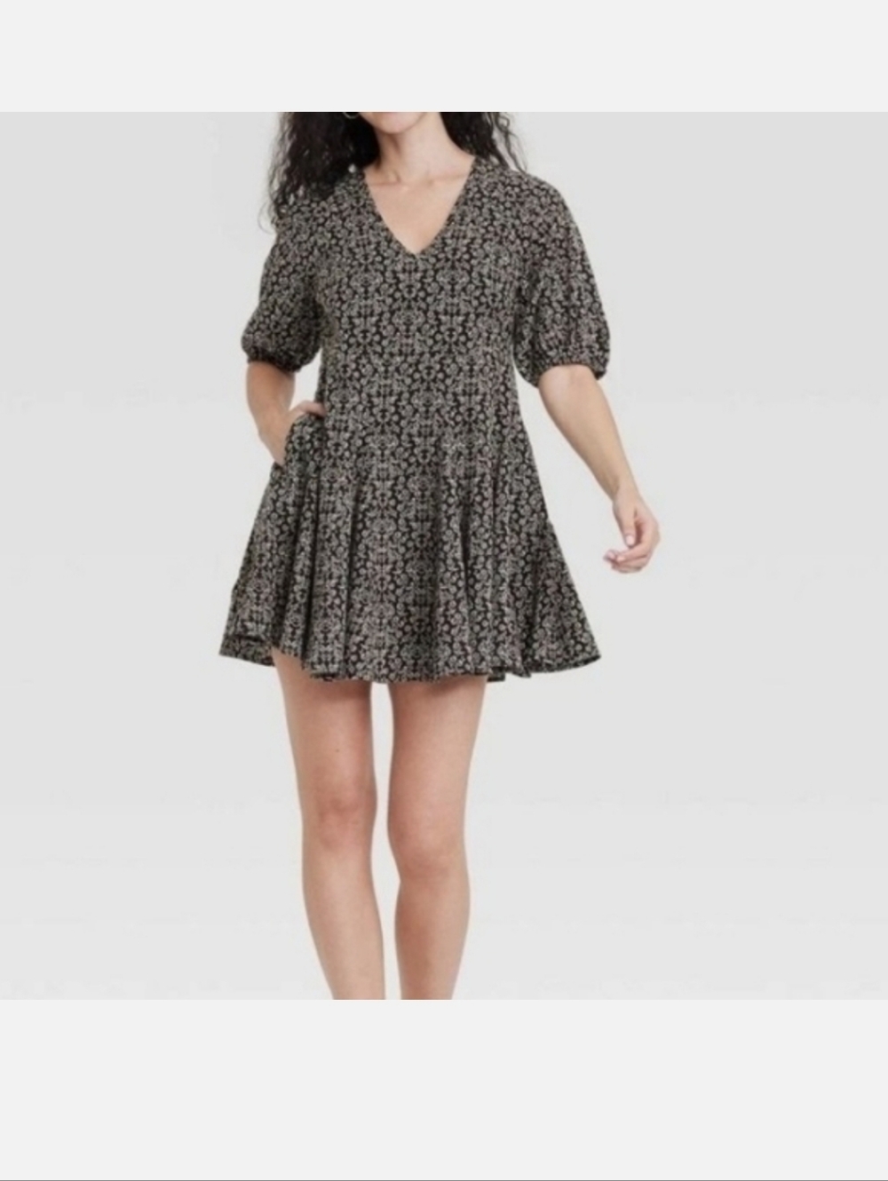 New!Floral V-Neck Puff Sleeve Mini Dress - Black